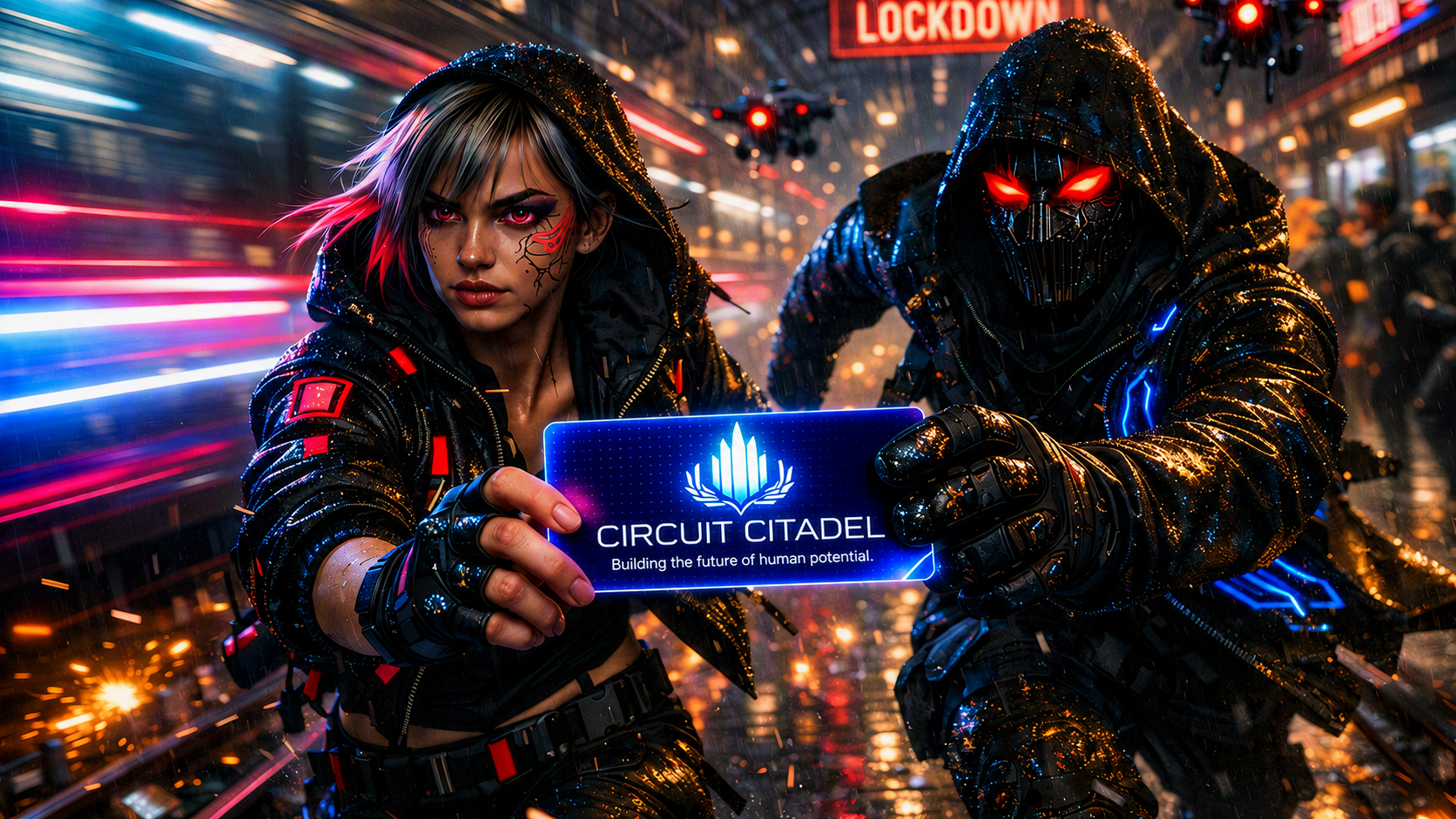 VOX and Nanio illustrated in a neon cyber panel