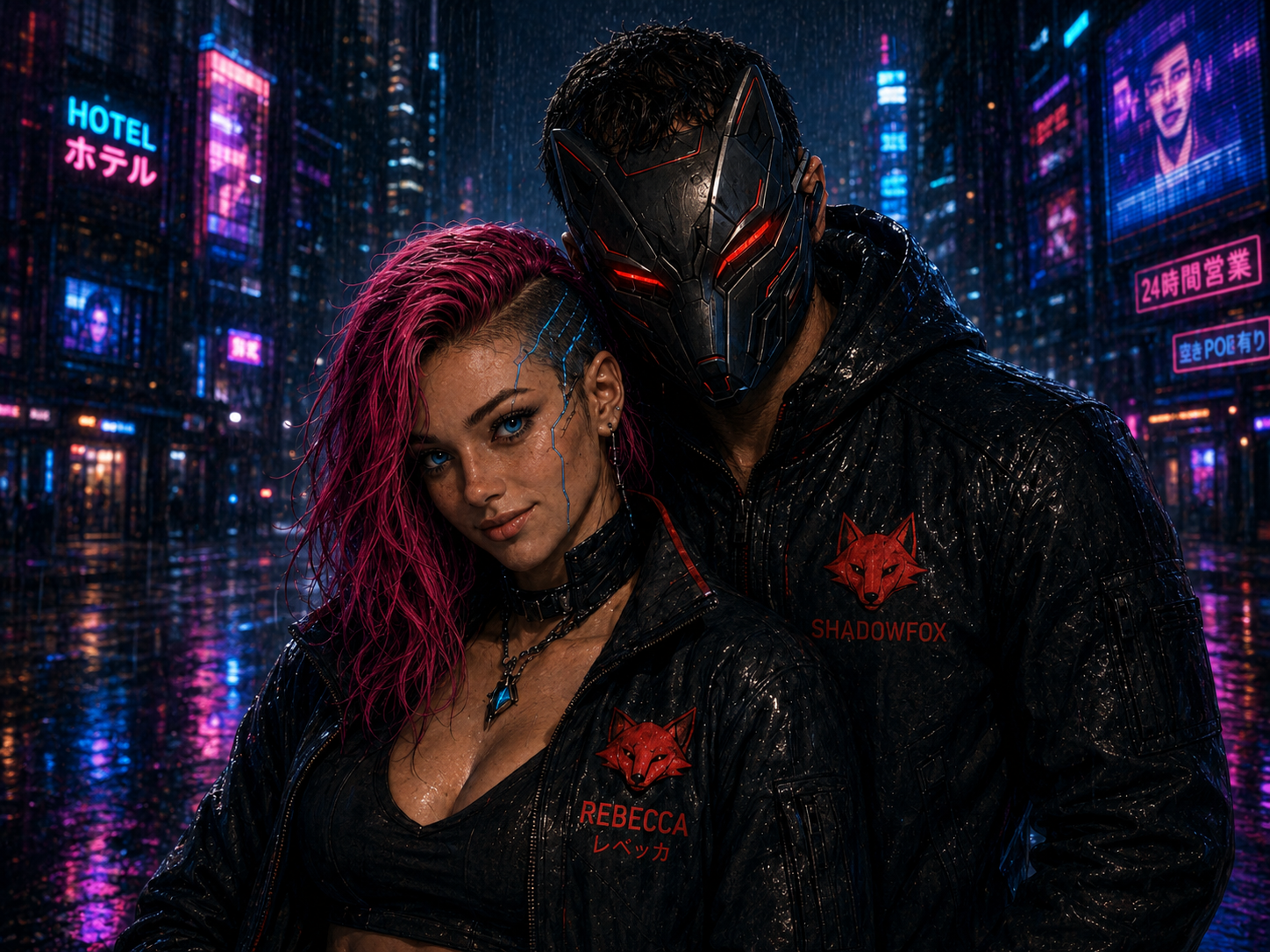 Shadowfox and Rebecca illustrated together in a neon scene
